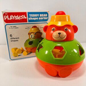 Vintage Playskool Teddy Bear Shape Sorter Hat Squeaker Blocks 70's Toy